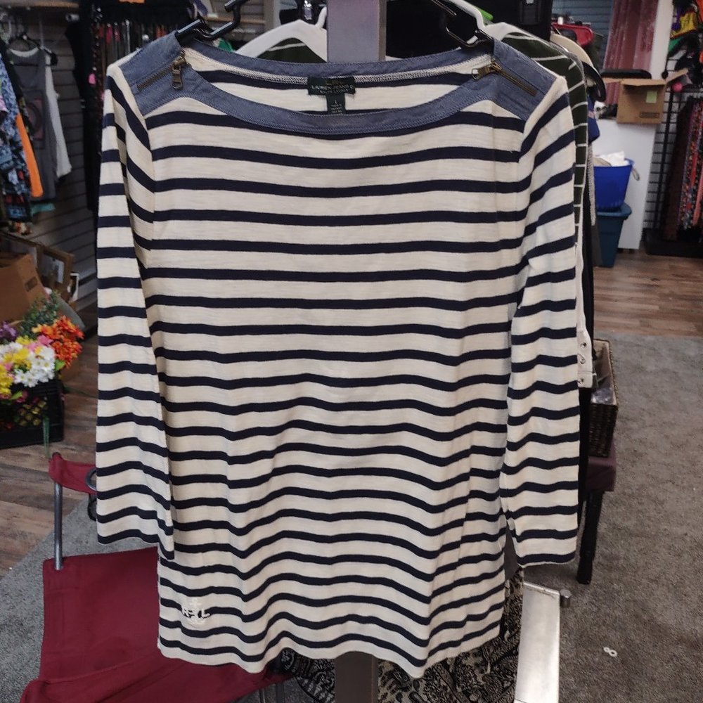 White top with blue stripes from Lauren Jean Co. by Ralph Lauren, Size Large